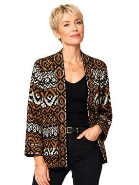 Ruby Rd. Black White Tan Gold Metallic Aztec Print Cardigan